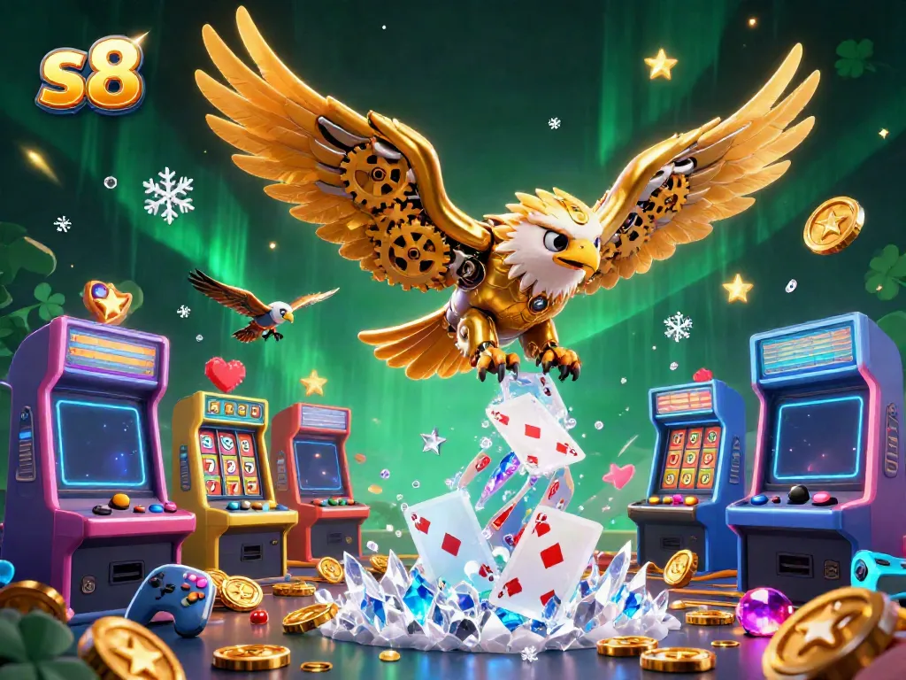 S8 offers a vibrant casino experience with a stylish golden eagle soaring through holographic cards.