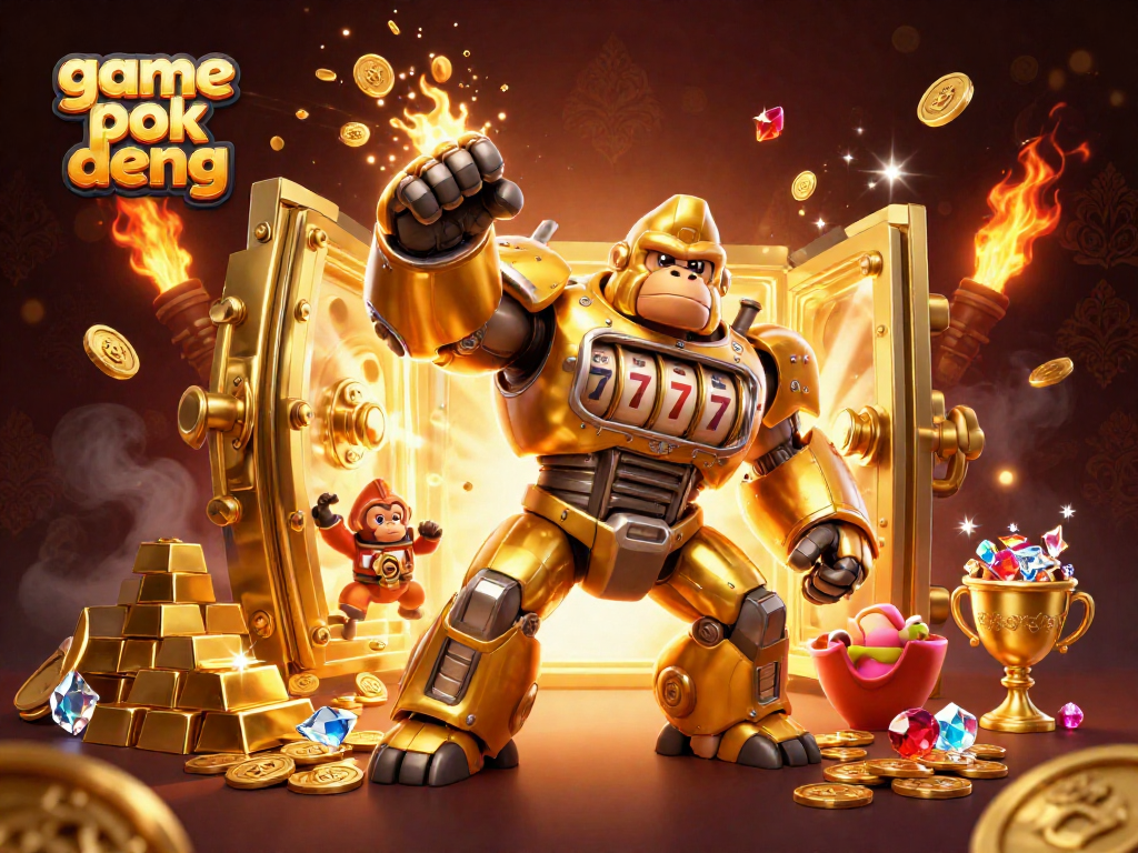 Engage in the exciting game pok deng featuring a vibrant 3D gorilla mech with jackpot elements and treasure.