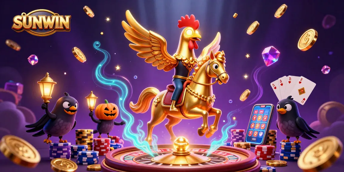 SUNWIN showcases a vibrant casino scene with a golden rooster and lantern-carrying crows amidst rich gaming elements.