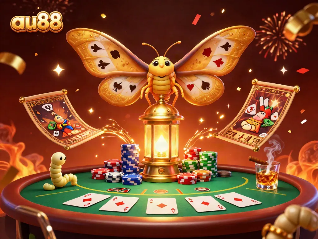 Engage with the vibrant world of au88, featuring a colorful casino scene with a golden atlas moth and iconic game elements.