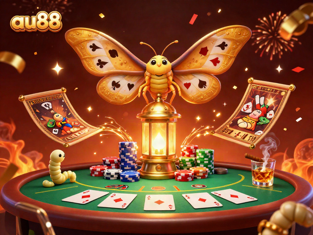 Engage with the vibrant world of au88, featuring a colorful casino scene with a golden atlas moth and iconic game elements.
