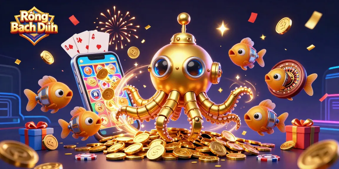 Experience the vibrant luck of Rồng Bạch Kim with animated golden kraken and treasure in a casino scene.