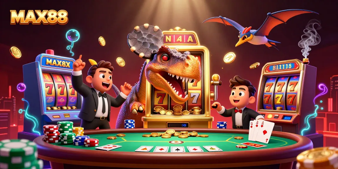 MAX88 illustration of a cartoon dinosaur winning jackpot coins at a slot machine with casino elements.