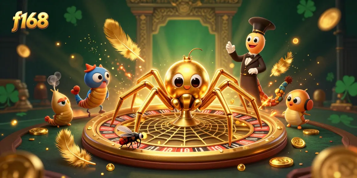 f168 players engaging in thrilling bets among a golden spider’s roulette web, exploring unique game features.