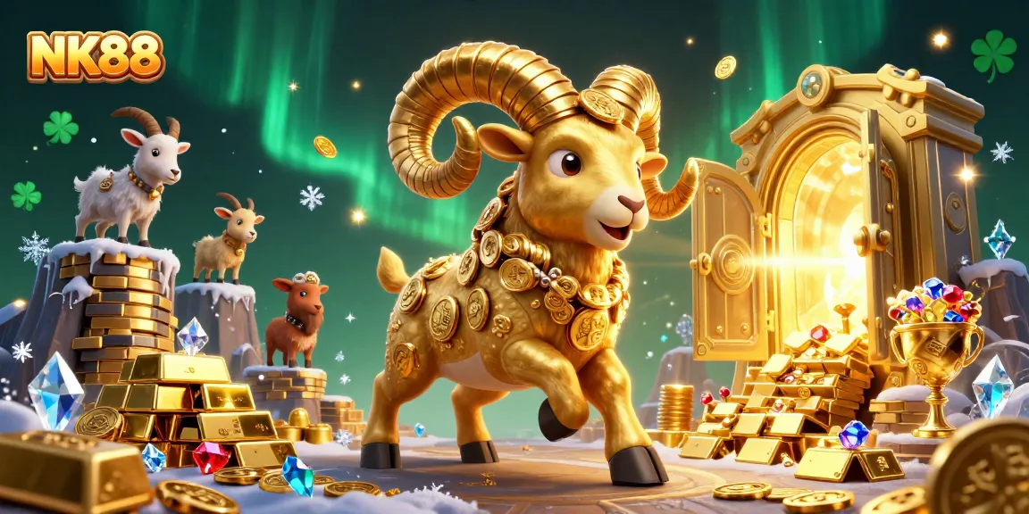 Engage with thrilling slot jackpots at NK88, showcasing a golden ram and treasure-filled scene.