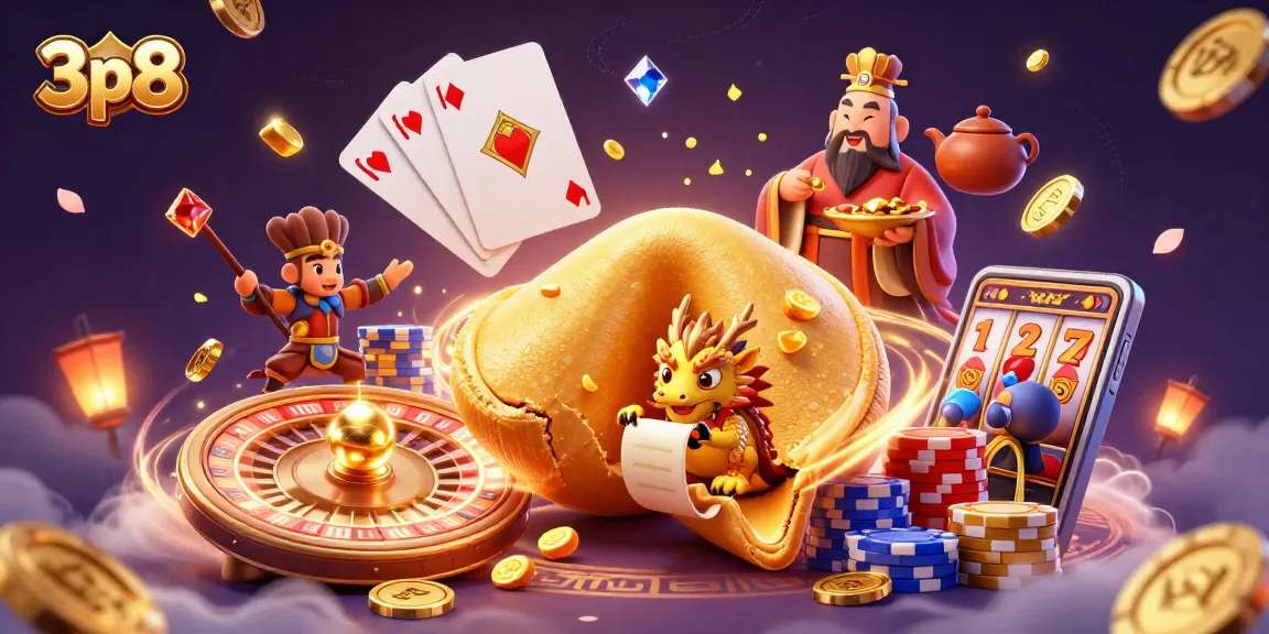 Experience thrilling gambling action with 3p8's vibrant 3D dragon and fortune cookie scene.