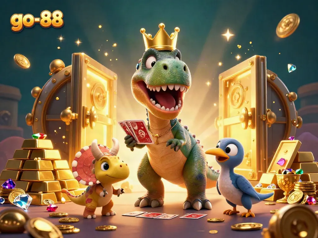 Experience the thrill of go-88 with a vibrant 3D T-Rex, cards, and golden chips in a dynamic casino scene.