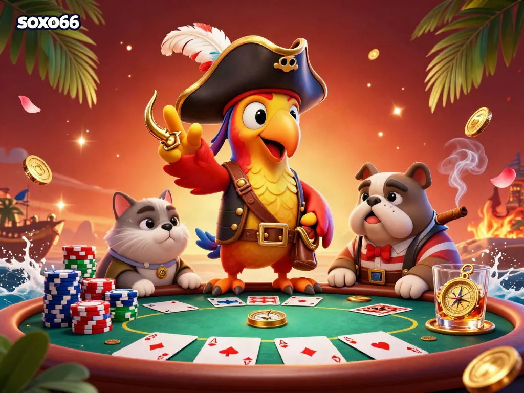 Soxo66 pirates enjoy a dynamic poker game with vibrant chips and lively characters.