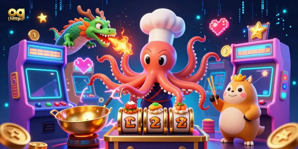 Engage with exciting slot games in a vibrant casino atmosphere at og (http: featuring a whimsical octopus chef and dragon.