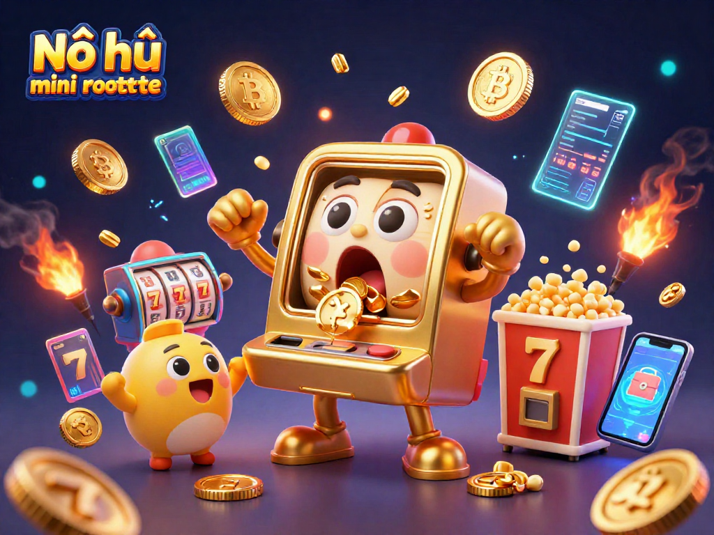 Spin the jackpot on Nổ hũ mini roulette as golden coins pour from the surprised slot machine.