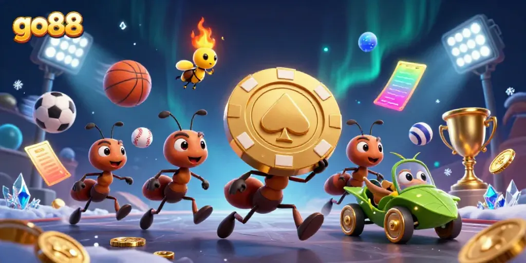 go88 reveals a thrilling heist scene with ants carrying a poker chip, perfect for casino promotion