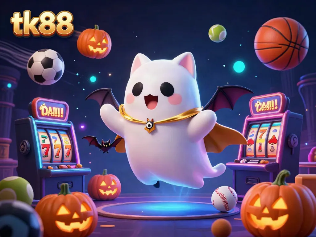 Experience the thrilling gaming atmosphere of tk88 with a ghost cat and sports balls in a haunted casino scene.