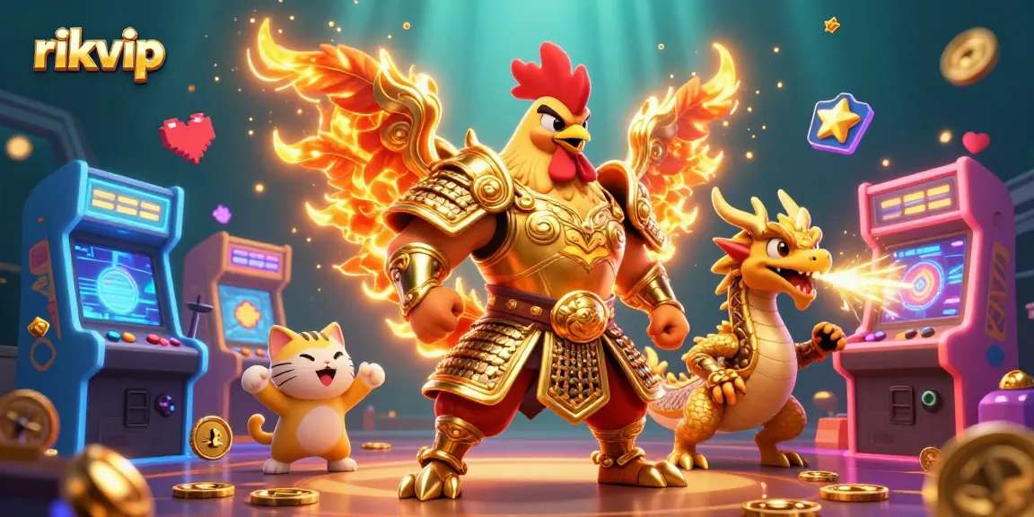Engage with rikvip's vibrant 3D digital casino scene featuring a warrior rooster, dragon hatchling, and fortune cat