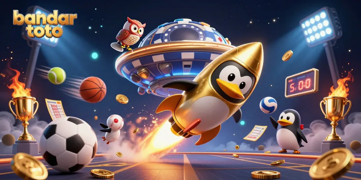 Experience dynamic gameplay with bandar toto, featuring colorful illustrations of a penguin in space among casino elements.