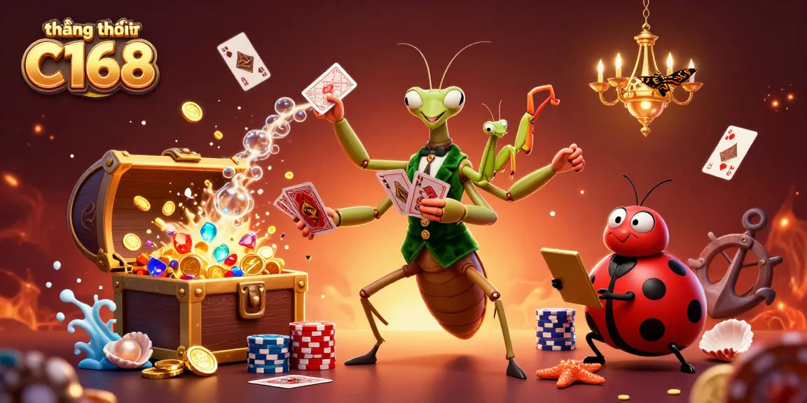 Engage with the thrilling action of thương hiệu C168 as a giant praying mantis card sharp deals cards and pours champagne