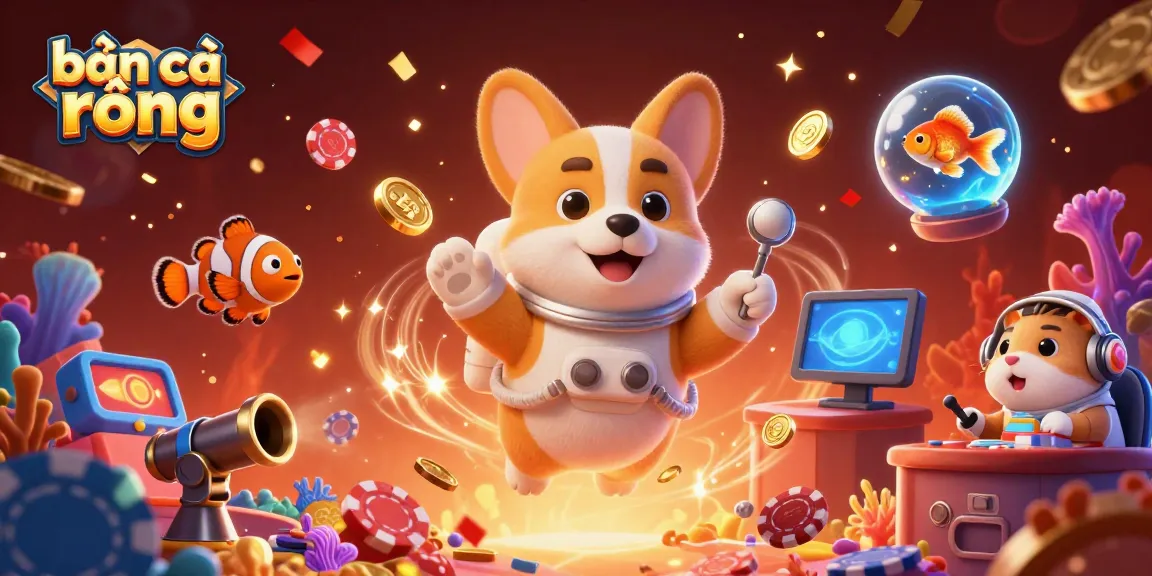 Engage in bắn cá rồng with vibrant underwater activities featuring a floating corgi, goldfish, and action-packed fish shooting!