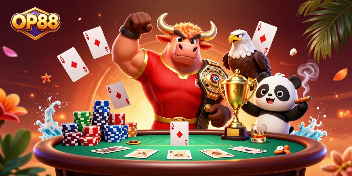 Experience thrilling gaming at OP88 with our vibrant scene featuring a bull, eagle, and panda celebrating victories.