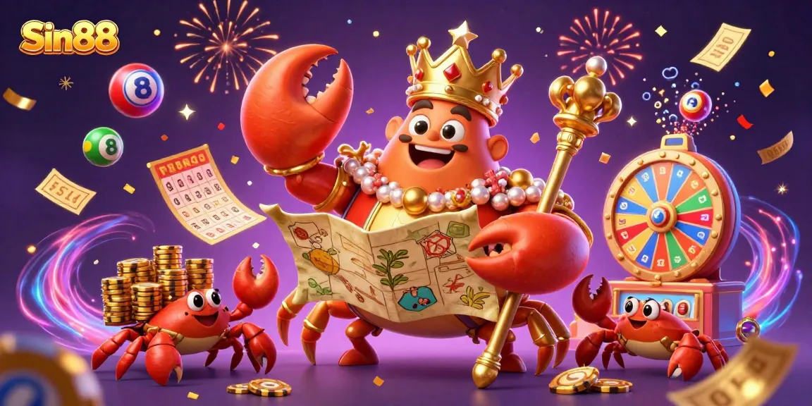 Sin88 showcases a vibrant scene featuring a golden crab emperor with a treasure map among lottery elements, creating an engaging gambling atmosphere.