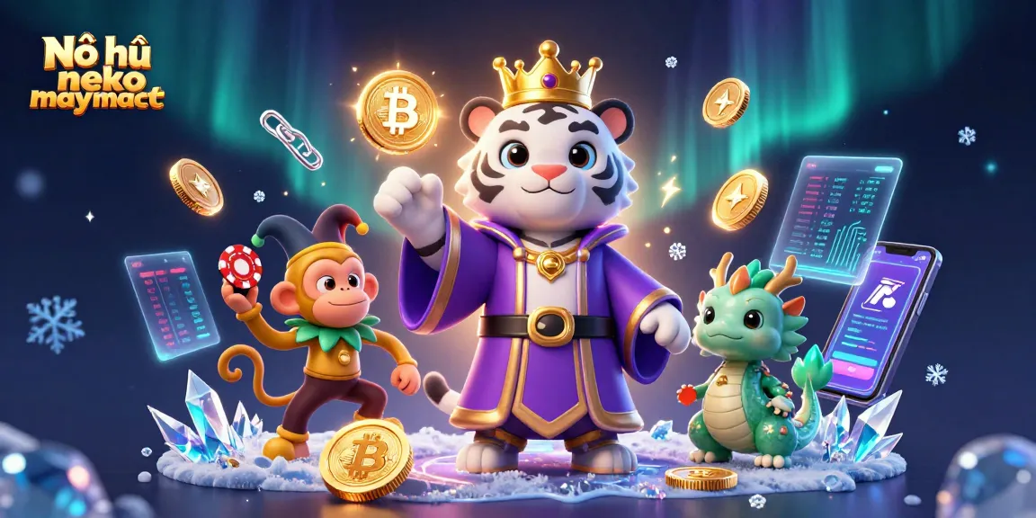 Nổ hũ neko may mắn reveals an exciting 3D scene of a white tiger and playful monkey in a vibrant casino setting.