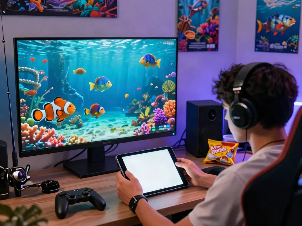 Engaging gaming scene of a player immersed in lại là Bắn cá đổi thưởng, navigating animated fish in a vibrant underwater world.