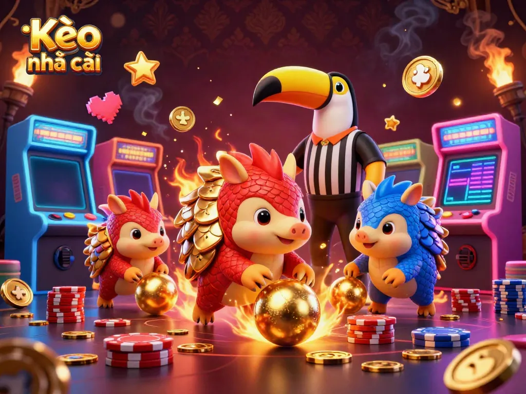 Experience thrilling Kèo nhà cái action as animated pangolins bowl through poker chips in a vibrant casino scene.