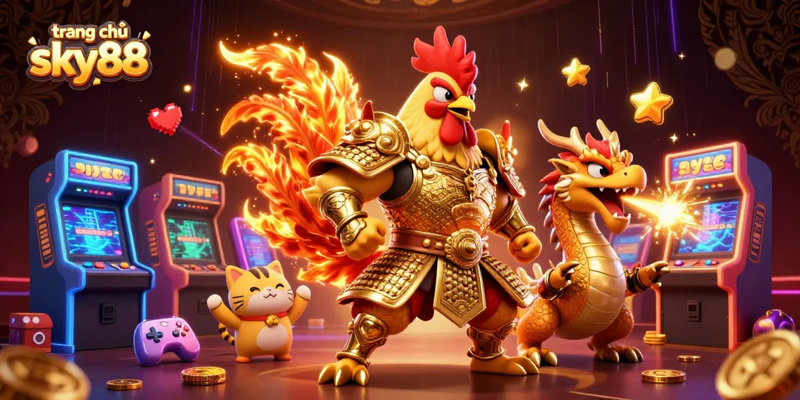 Experience exhilarating gaming at trang chủ sky88 with a vibrant 3D cartoon illustration of a fighting rooster warrior.