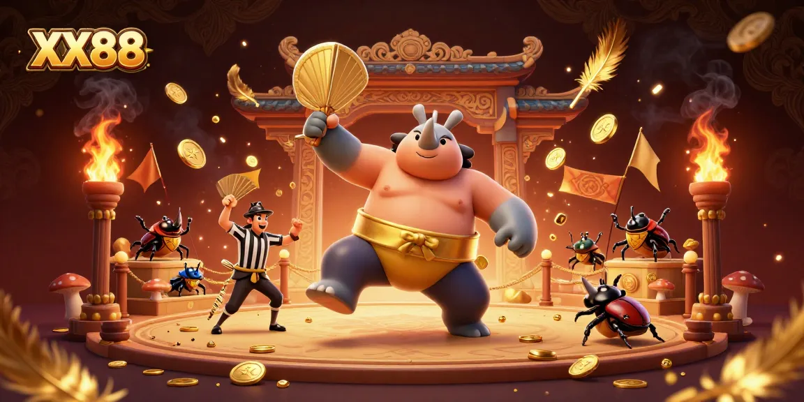 Engage with XX88's thrilling betting scene as a beetle champion stomps coins and sparks fly.