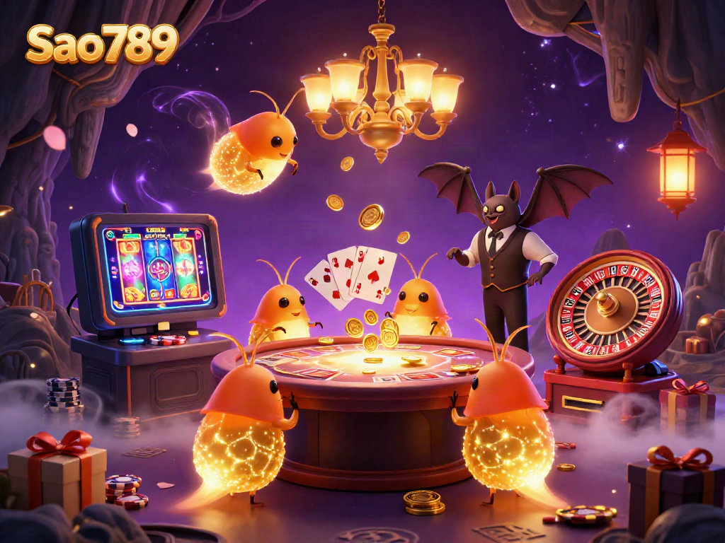Sao789 engages players at a lively cave casino with vibrant glowworms illuminating the scene.