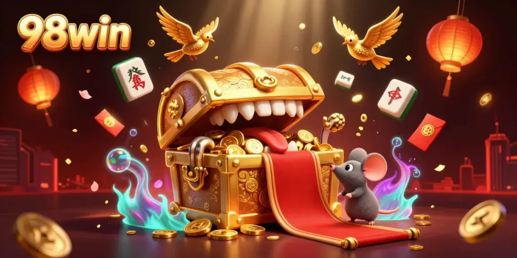 Engage in thrilling gameplay with 98win amidst a colorful treasure-laden casino scene.