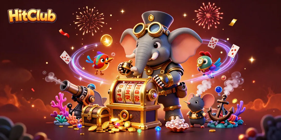 Join the excitement at HitClub, where the 3D steampunk elephant spins the slots amidst a vibrant casino atmosphere.
