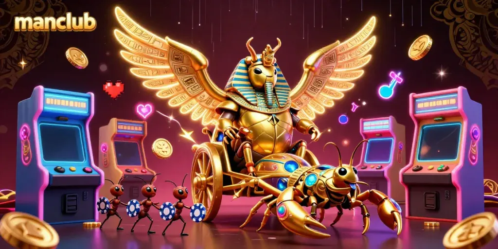 Experience exciting gameplay with manclub, featuring a golden scarab chariot and poker chips in a vibrant gaming scene.