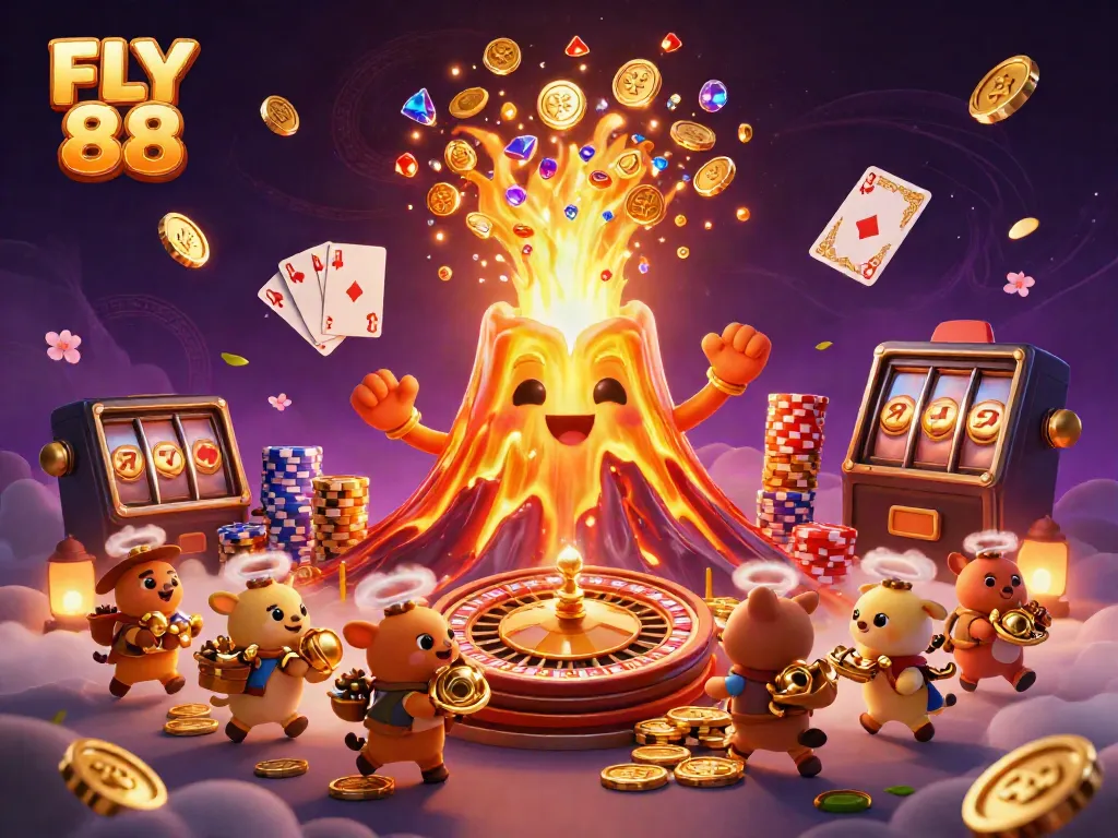 Experience the excitement of FLY 88 as treasures erupt from a majestic golden volcano in this vivid casino illustration.