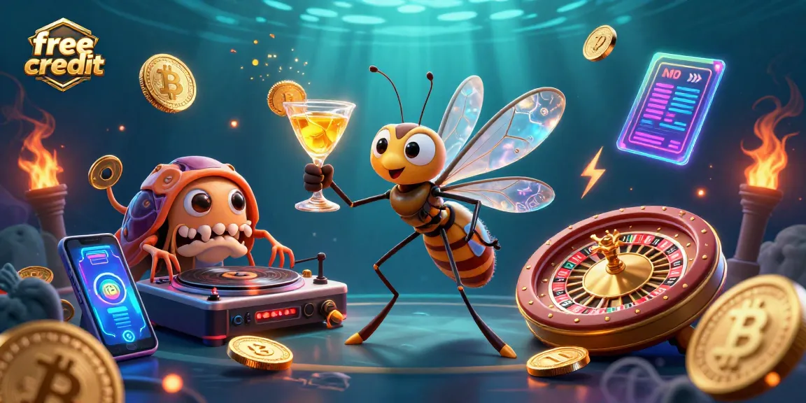 Seize free credit offers at the casino with a vibrant 3D illustration of unique characters in action.