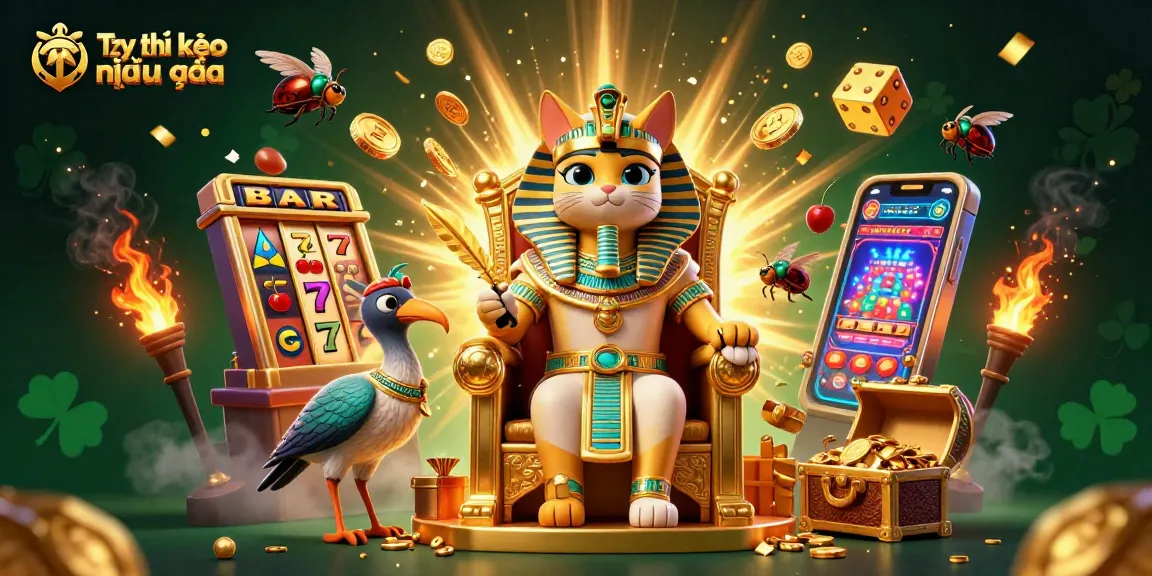 Engage with Tỷ lệ kèo nhà cái using a vibrant 3D casino scene featuring a pharaoh cat, jackpots, and game elements.