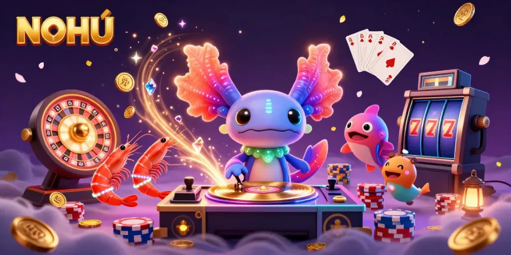NOHU features a neon axolotl DJ spinning records amidst vibrant gambling elements in a casino scene.
