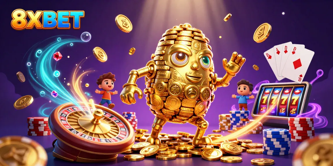 Experience the exciting world of 8XBET with a vibrant 3D casino illustration featuring animated characters and dynamic elements.