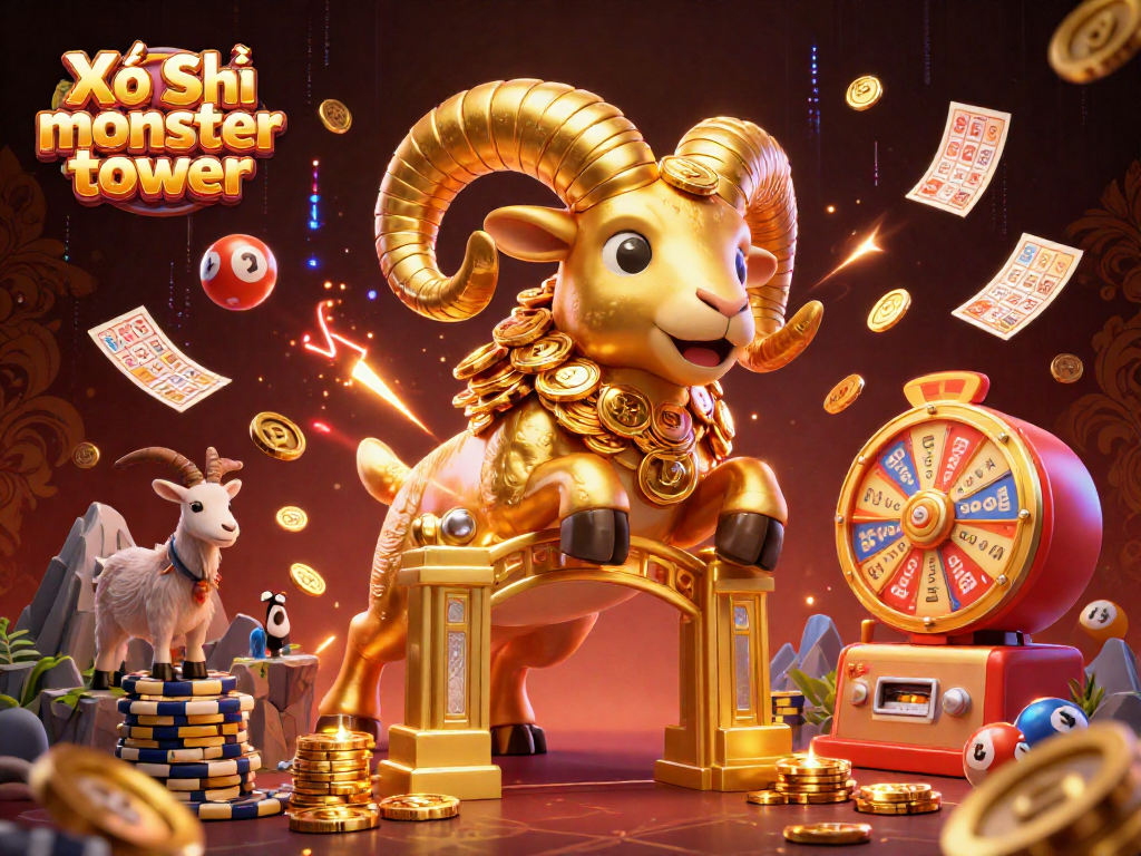 Xổ Số monster tower lottery scene featuring a golden ram charging at a gate with dynamic game elements.