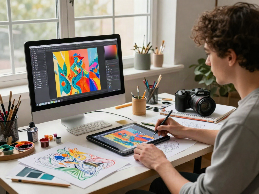 Artist in a creative studio generating nsfw ai artwork with vibrant colors and tools.