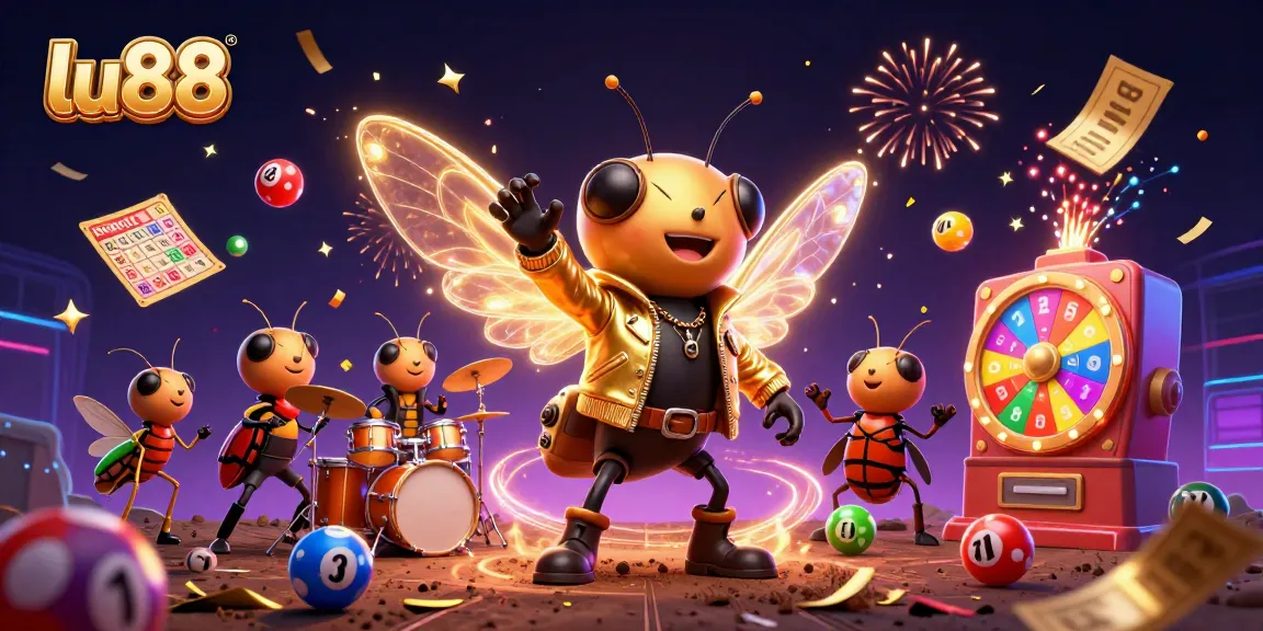 Experience the thrilling world of lu88 with a vibrant 3D ot featuring a rock star cicada, dynamic lottery elements, and a celebratory atmosphere.