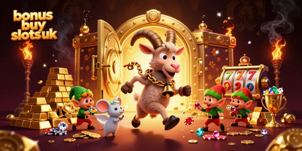 Engage with bonus buy slots UK through an enchanting scene of whimsical casino characters amid golden treasures.