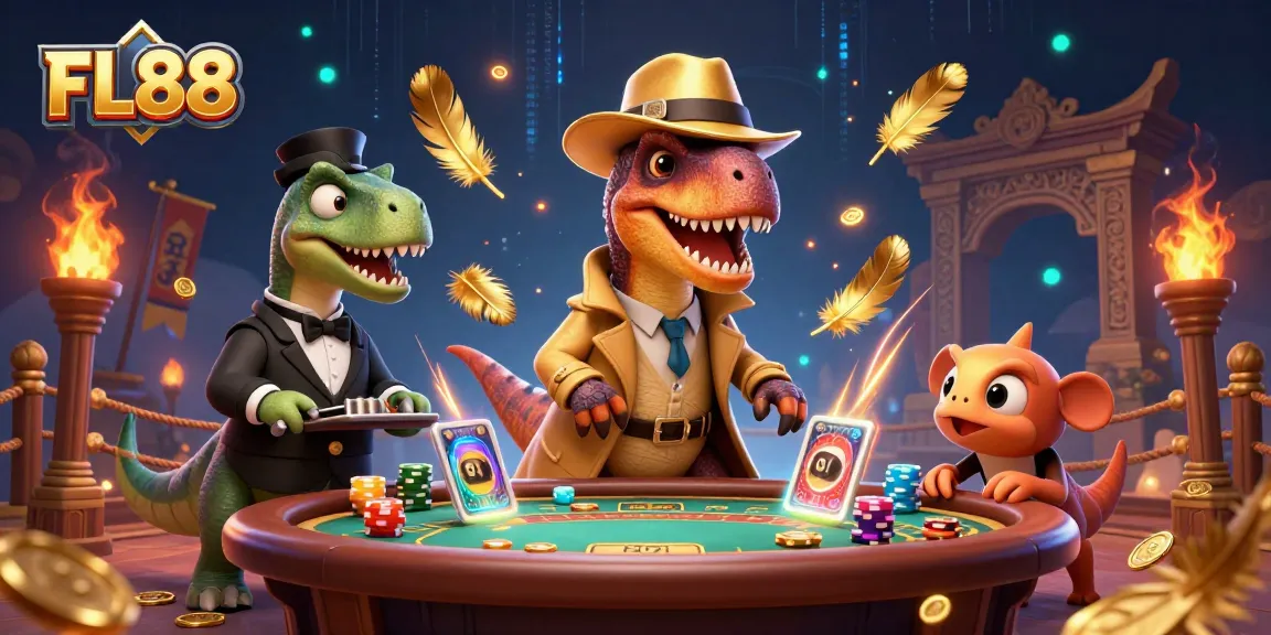 FL88 players engage in a thrilling blackjack scene with vibrant characters and dynamic casino elements.