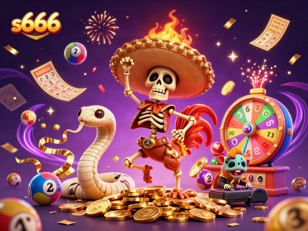 Win big with s666: A vibrant 3D illustration showcasing a festive victory dance among lottery elements.