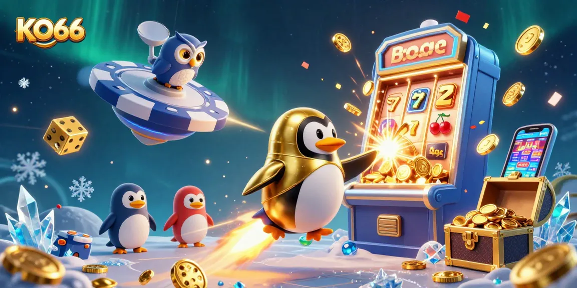 Engage in thrilling gameplay at KO66 with a golden penguin racing to jackpot rewards amidst vibrant casino elements.