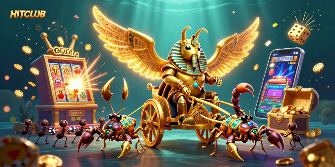 HITCLUB features a thrilling 3D illustration of a golden scarab beetle amidst vibrant casino elements, symbolizing excitement.