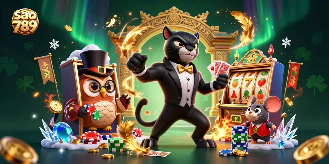 Play slots with exciting visuals of sao 789, featuring a chic black panther dealer, poker elements, and gold coins.
