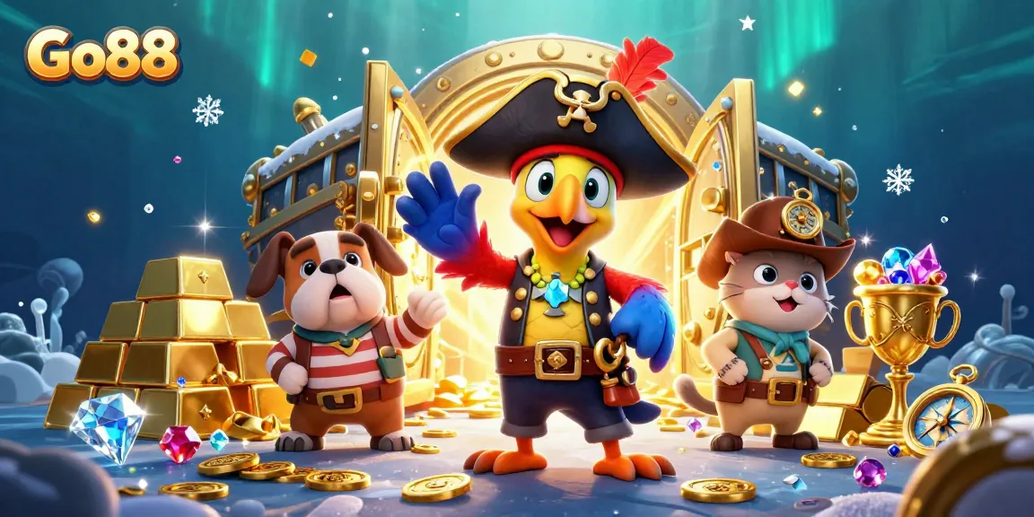 Experience thrilling gameplay at Go88 with vibrant characters and dazzling treasures in a rich casino world.