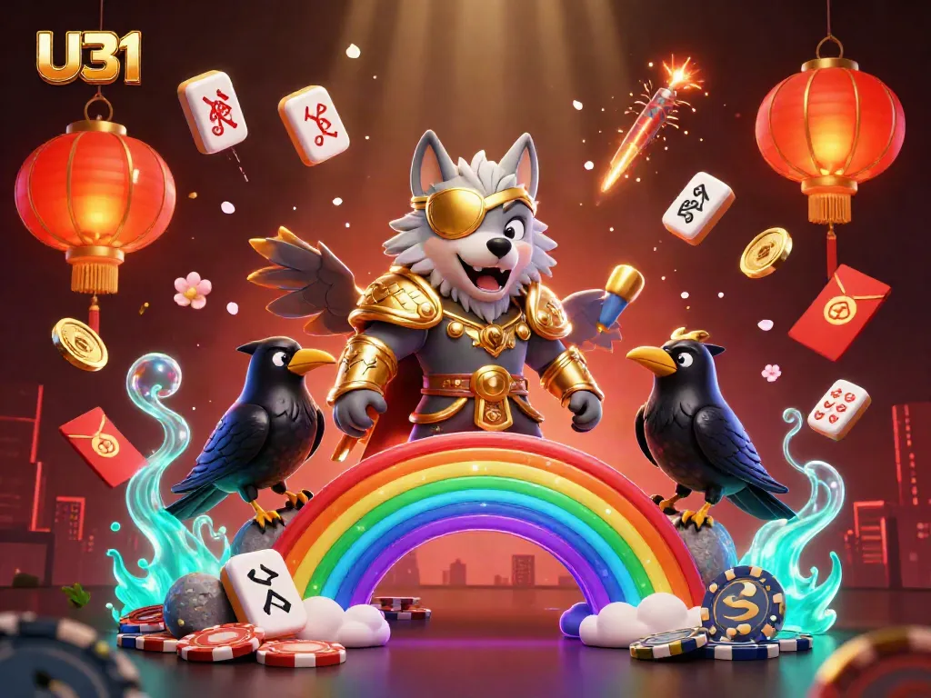 Play at U31 casino with luck bringing a wolf and ravens alive amidst festive symbols and glowing elements.