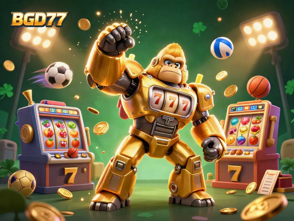 BGD77 user's excitement soars witnessing a stunning 3D slot and sports gaming illustration.