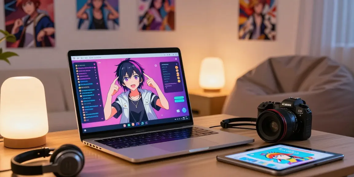 Dynamic ai chat hentai scene with engaging anime character on laptop, cozy atmosphere with tech accessories.