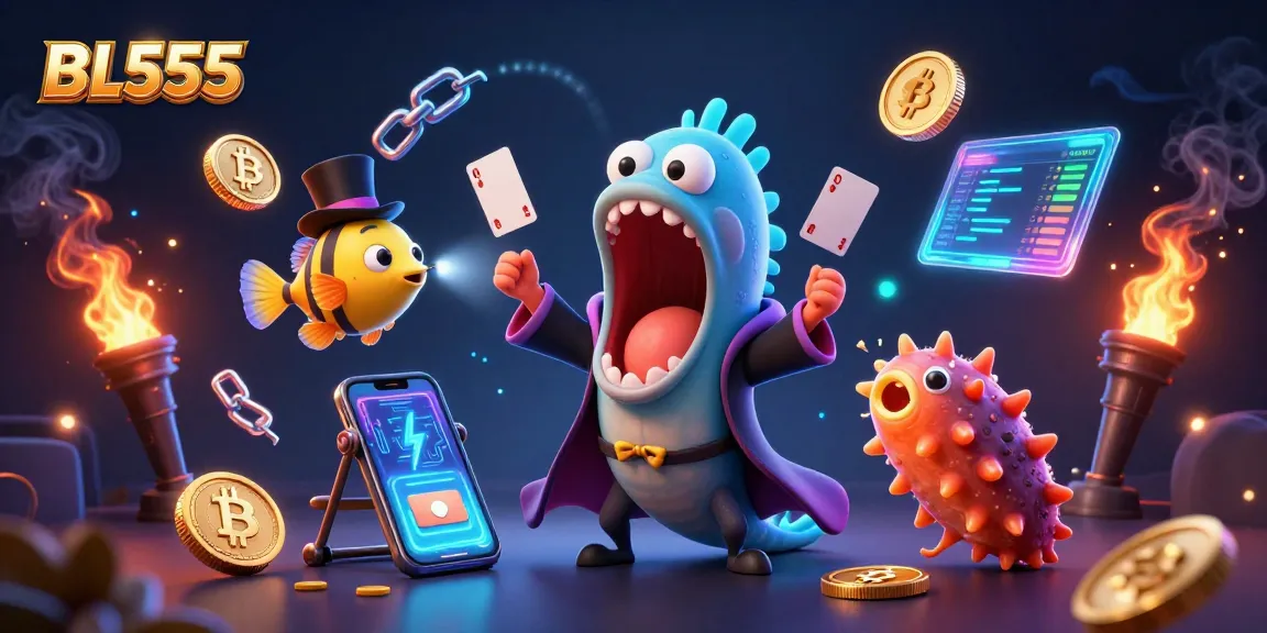 Experience thrilling card tricks with BL555's bioluminescent creatures and crypto elements.